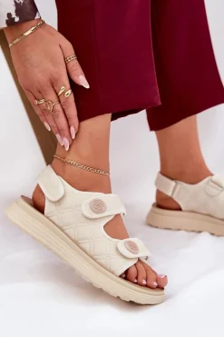 Hot Boto Damskie Sandały Z Ozdobnymi Detalami Na Rzepy Beżowe Zoliner Beżowy