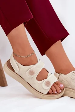 Hot Boto Damskie Sandały Z Ozdobnymi Detalami Na Rzepy Beżowe Zoliner Beżowy