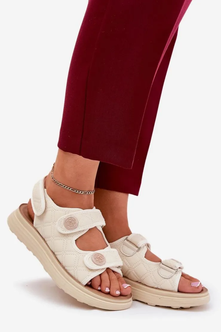 Hot Boto Damskie Sandały Z Ozdobnymi Detalami Na Rzepy Beżowe Zoliner Beżowy