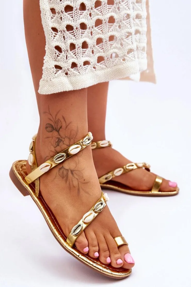 Best Boto Damskie Sandały Z Ozdobnymi Muszelkami Złote Verdem