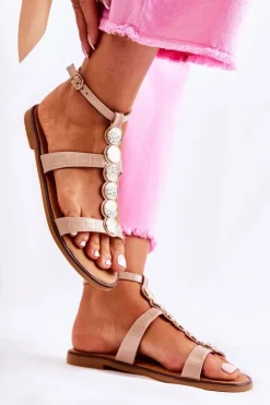 Damskie Boto Damskie Sandały Z Ozdobnym Paskiem Beżowe Seila