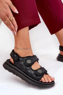 Damskie Boto Damskie Sandały Z Ozdobnymi Detalami Na Rzepy Czarne Zoliner
