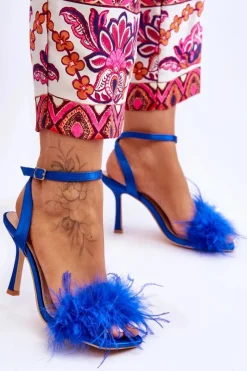 Boto Sandały Na Obcasie*Damskie Sandały Z Piórkami Niebieskie Tiffany