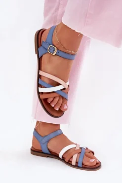 Buty Sergio Leone Sandały Płaskie*Damskie Sandały Z Przeplatającymi Się Paskami Sergio Leone SK090H Niebieskie