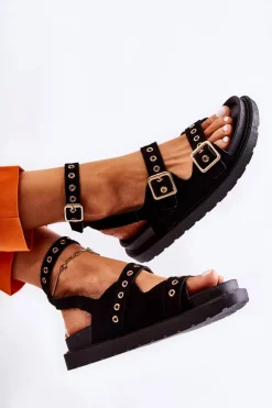 Boto Sandały Gumowe|Sandały Płaskie*Damskie Sandały Zamszowe Z Paskami Czarne Parys