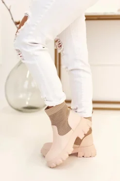 Best Boto Damskie Skarpetkowe Botki Workery Beżowe Stormy