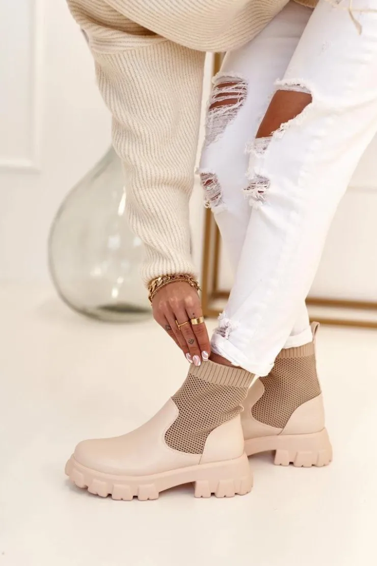 Best Boto Damskie Skarpetkowe Botki Workery Beżowe Stormy