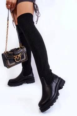 Boto Muszkieterki|Kozaki Wiosenne*Damskie Skarpetkowe Kozaki Za Kolano Czarne Glorie