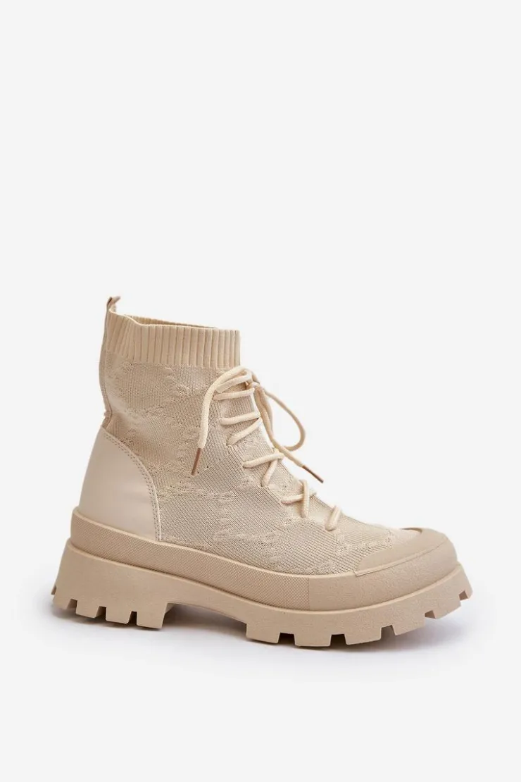 Boto Botki Wiosenne|Botki Sznurowane*Damskie Skarpetkowe Wsuwane Botki Jasnobeżowe Solime
