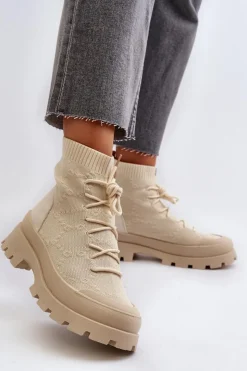 Boto Botki Wiosenne|Botki Sznurowane*Damskie Skarpetkowe Wsuwane Botki Jasnobeżowe Solime