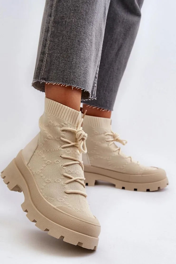 Boto Botki Wiosenne|Botki Sznurowane*Damskie Skarpetkowe Wsuwane Botki Jasnobeżowe Solime