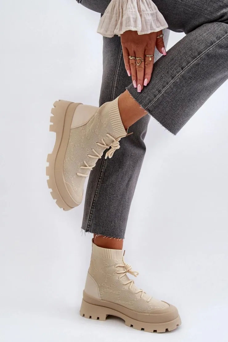 Boto Botki Wiosenne|Botki Sznurowane*Damskie Skarpetkowe Wsuwane Botki Jasnobeżowe Solime