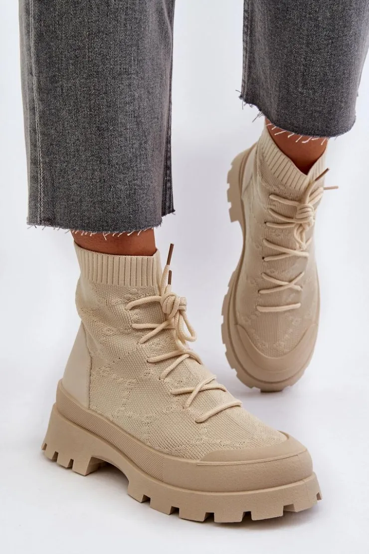 Boto Botki Wiosenne|Botki Sznurowane*Damskie Skarpetkowe Wsuwane Botki Jasnobeżowe Solime