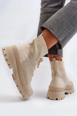 Boto Botki Wiosenne|Botki Sznurowane*Damskie Skarpetkowe Wsuwane Botki Jasnobeżowe Solime