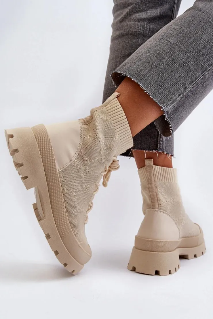Boto Botki Wiosenne|Botki Sznurowane*Damskie Skarpetkowe Wsuwane Botki Jasnobeżowe Solime