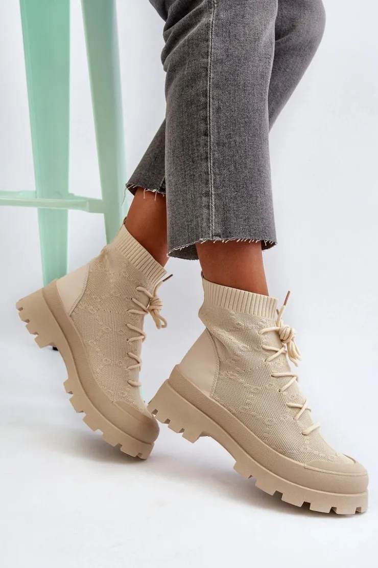 Boto Botki Wiosenne|Botki Sznurowane*Damskie Skarpetkowe Wsuwane Botki Jasnobeżowe Solime