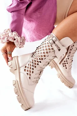 Boto Damskie Trapery|Botki Sznurowane*Damskie Skórzane Ażurowe Botki Trapery Beżowe Hootie