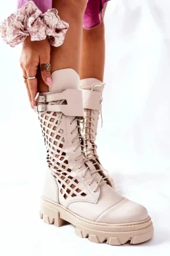 Boto Damskie Trapery|Botki Sznurowane*Damskie Skórzane Ażurowe Botki Trapery Beżowe Hootie