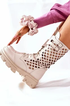 Boto Damskie Trapery|Botki Sznurowane*Damskie Skórzane Ażurowe Botki Trapery Beżowe Hootie