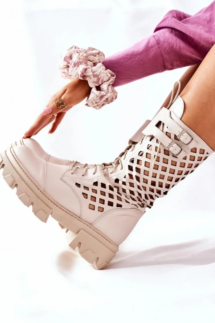 Boto Damskie Trapery|Botki Sznurowane*Damskie Skórzane Ażurowe Botki Trapery Beżowe Hootie