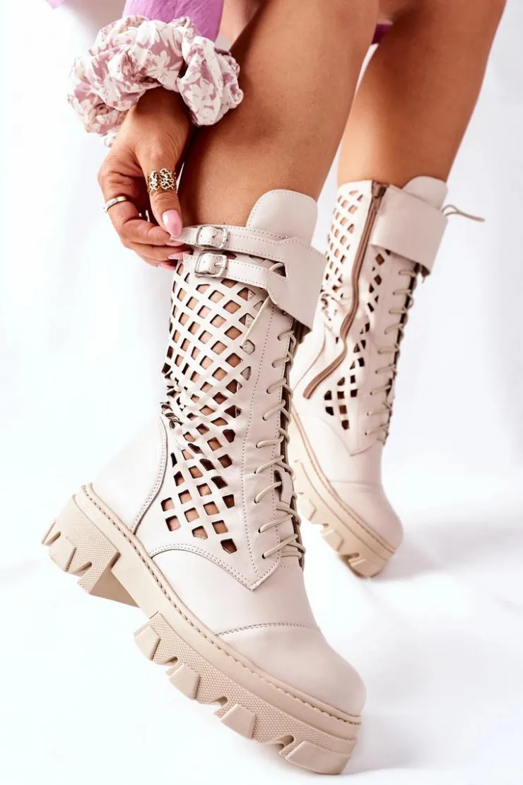 Boto Damskie Trapery|Botki Sznurowane*Damskie Skórzane Ażurowe Botki Trapery Beżowe Hootie