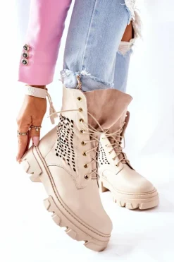 Online Boto Damskie Skórzane Ażurowe Botki Trapery Beżowe Small Hootie