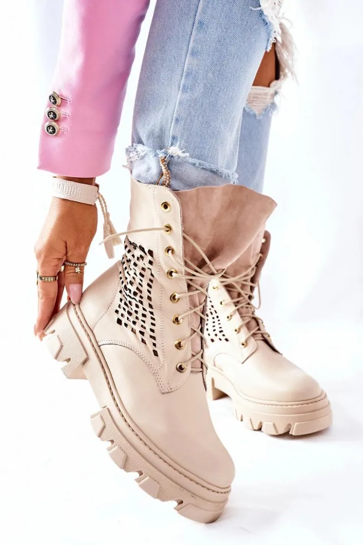 Online Boto Damskie Skórzane Ażurowe Botki Trapery Beżowe Small Hootie