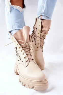 Online Boto Damskie Skórzane Ażurowe Botki Trapery Beżowe Small Hootie