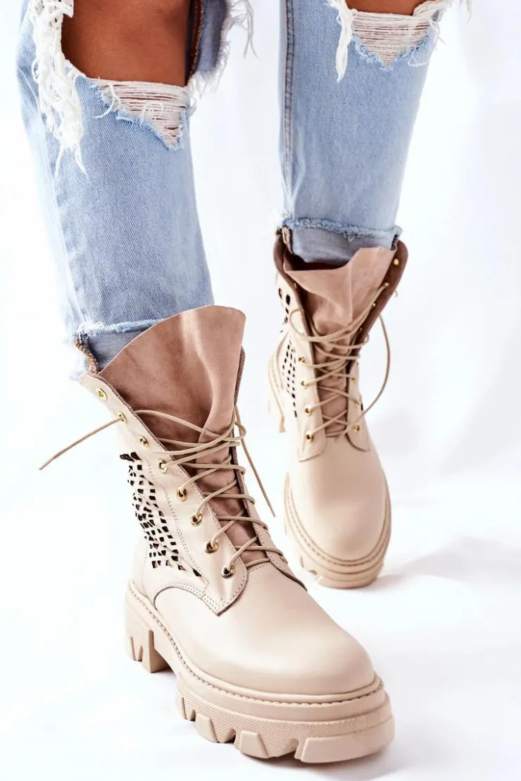 Online Boto Damskie Skórzane Ażurowe Botki Trapery Beżowe Small Hootie