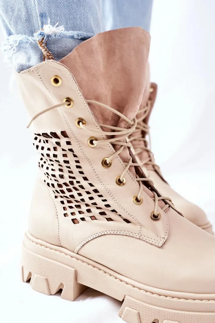 Online Boto Damskie Skórzane Ażurowe Botki Trapery Beżowe Small Hootie