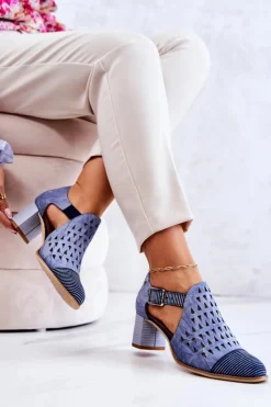 Damskie Maciejka Damskie Skórzane Ażurowe Botki 04962-06 Niebieskie