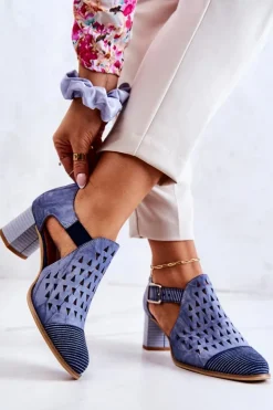 Damskie Maciejka Damskie Skórzane Ażurowe Botki 04962-06 Niebieskie