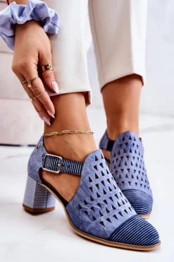 Damskie Maciejka Damskie Skórzane Ażurowe Botki 04962-06 Niebieskie