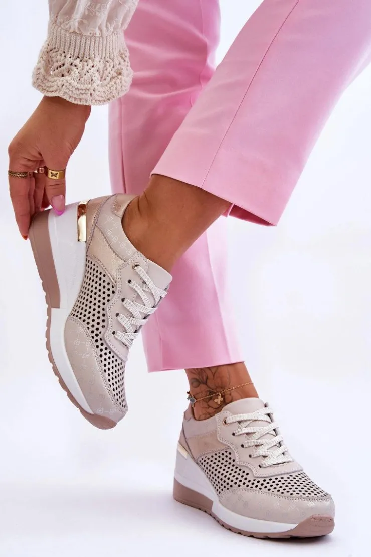 Sale Damskie buty S.Barski Damskie Skórzane Ażurowe Buty Sportowe Jasnobeżowe Virginia