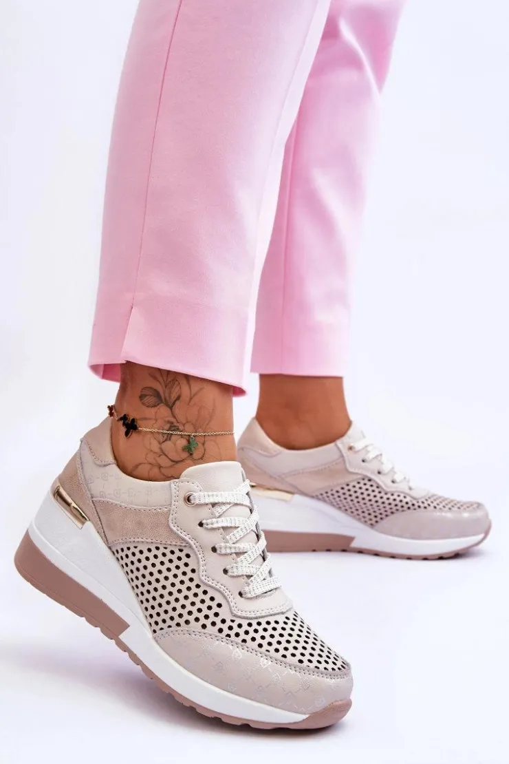 Sale Damskie buty S.Barski Damskie Skórzane Ażurowe Buty Sportowe Jasnobeżowe Virginia