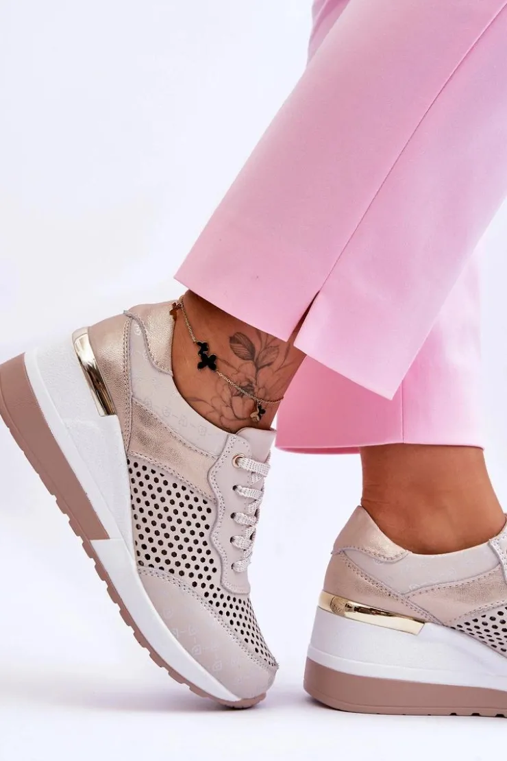 Sale Damskie buty S.Barski Damskie Skórzane Ażurowe Buty Sportowe Jasnobeżowe Virginia