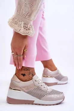 Sale Damskie buty S.Barski Damskie Skórzane Ażurowe Buty Sportowe Jasnobeżowe Virginia