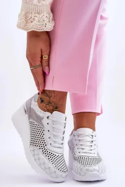 Damskie buty S.Barski Sneakersy Damskie*Damskie Skórzane Ażurowe Buty Sportowe Białe Virginia