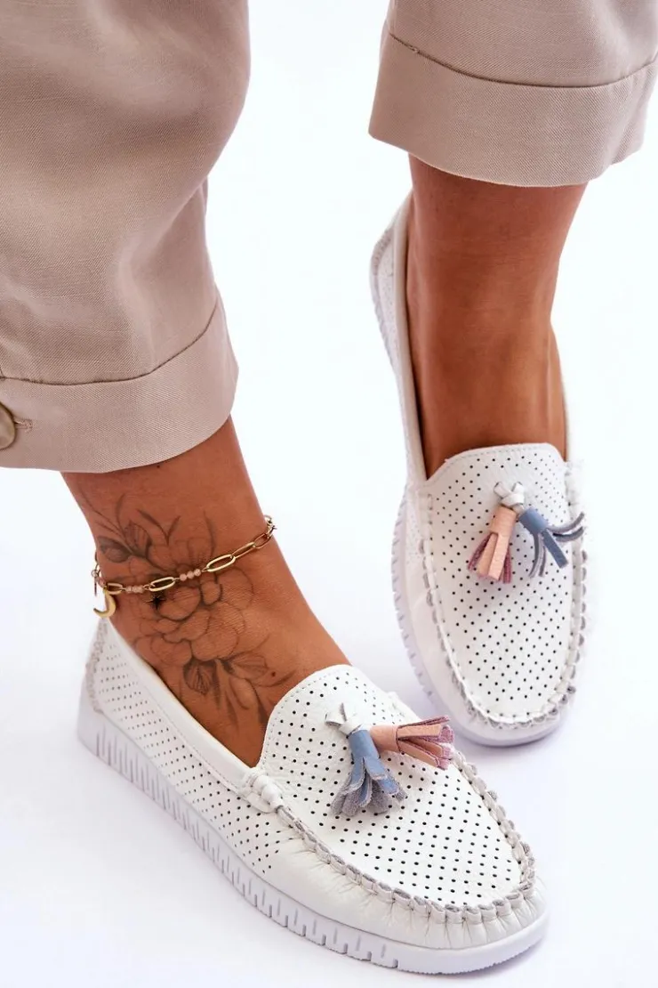 Evento Loafersy Damskie|Mokasyny Damskie Skórzane*Damskie Skórzane Ażurowe Mokasyny Białe Lanzarot Biały