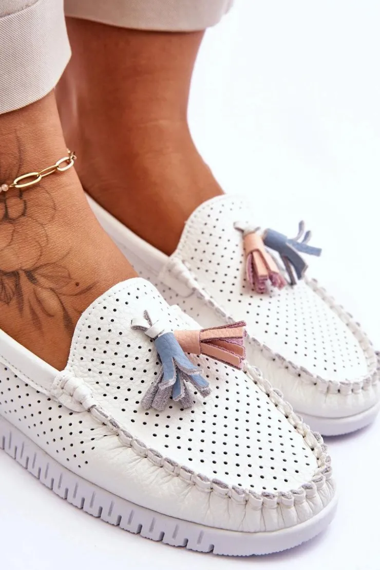 Evento Loafersy Damskie|Mokasyny Damskie Skórzane*Damskie Skórzane Ażurowe Mokasyny Białe Lanzarot Biały