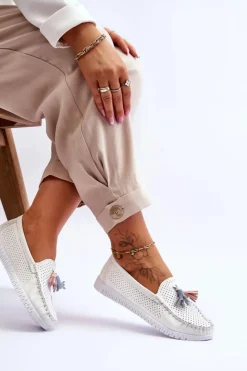 Evento Loafersy Damskie|Mokasyny Damskie Skórzane*Damskie Skórzane Ażurowe Mokasyny Białe Lanzarot Biały