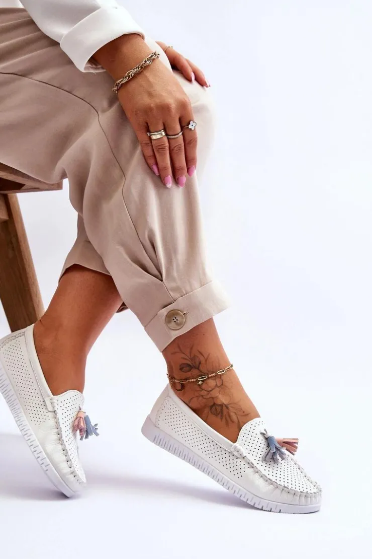 Evento Loafersy Damskie|Mokasyny Damskie Skórzane*Damskie Skórzane Ażurowe Mokasyny Białe Lanzarot Biały