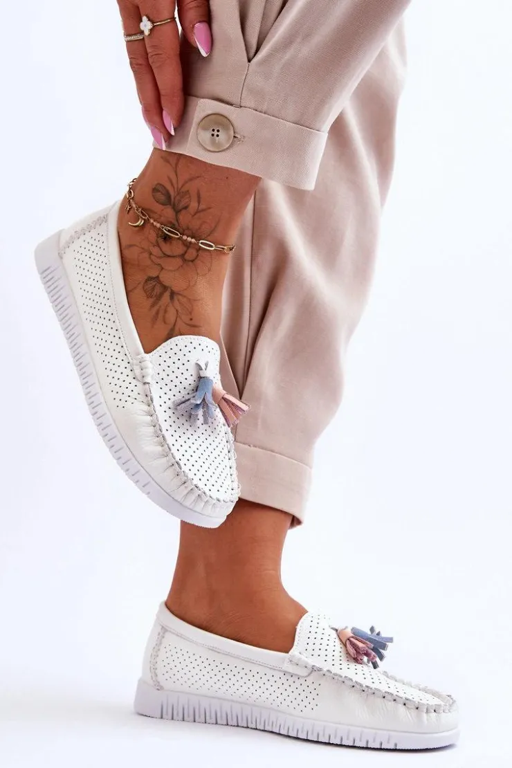 Evento Loafersy Damskie|Mokasyny Damskie Skórzane*Damskie Skórzane Ażurowe Mokasyny Białe Lanzarot Biały