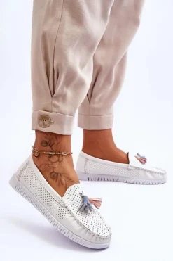 Evento Loafersy Damskie|Mokasyny Damskie Skórzane*Damskie Skórzane Ażurowe Mokasyny Białe Lanzarot Biały