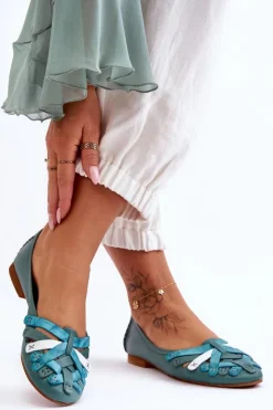 Hot Maciejka Damskie Skórzane Baleriny 01358-36 Turkusowe