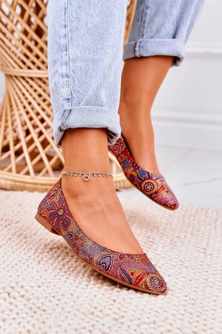 Damskie Maciejka Damskie Skórzane Baleriny Czerwone W Kwiaty 04100-38