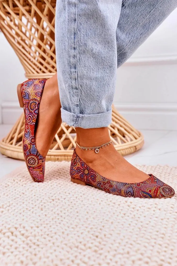 Damskie Maciejka Damskie Skórzane Baleriny Czerwone W Kwiaty 04100-38