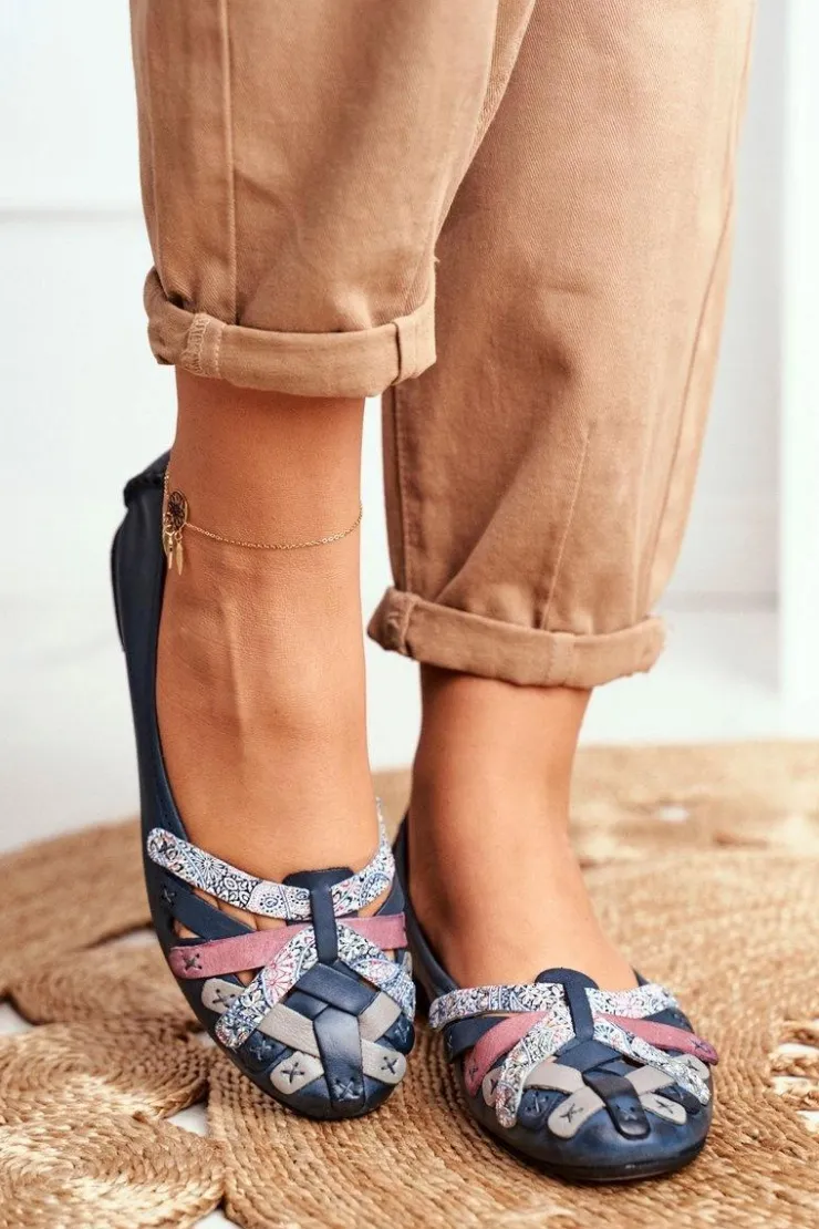 Maciejka Baleriny Skórzane|Baleriny Klasyczne*Damskie Skórzane Baleriny Granatowe 01358-27