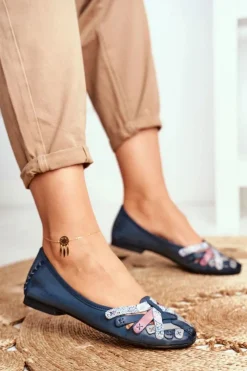 Maciejka Baleriny Skórzane|Baleriny Klasyczne*Damskie Skórzane Baleriny Granatowe 01358-27