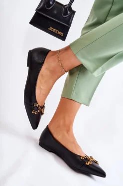 Damskie Boto Damskie Skórzane Baleriny W Szpic Z Ozdobą Czarne Carlos